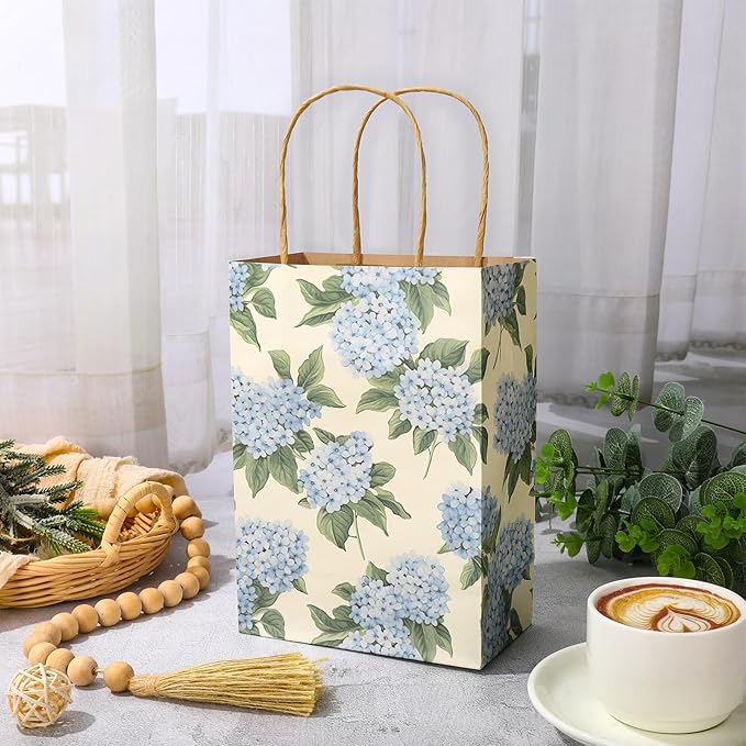 JarThenaAMCS 24Pcs Hydrangea Kraft Paper Bags Blue Floral Treat Gift Bags with Handles Flower Candy Goodie Bag for Spring Birthday Wedding Baby Shower Party Supplies