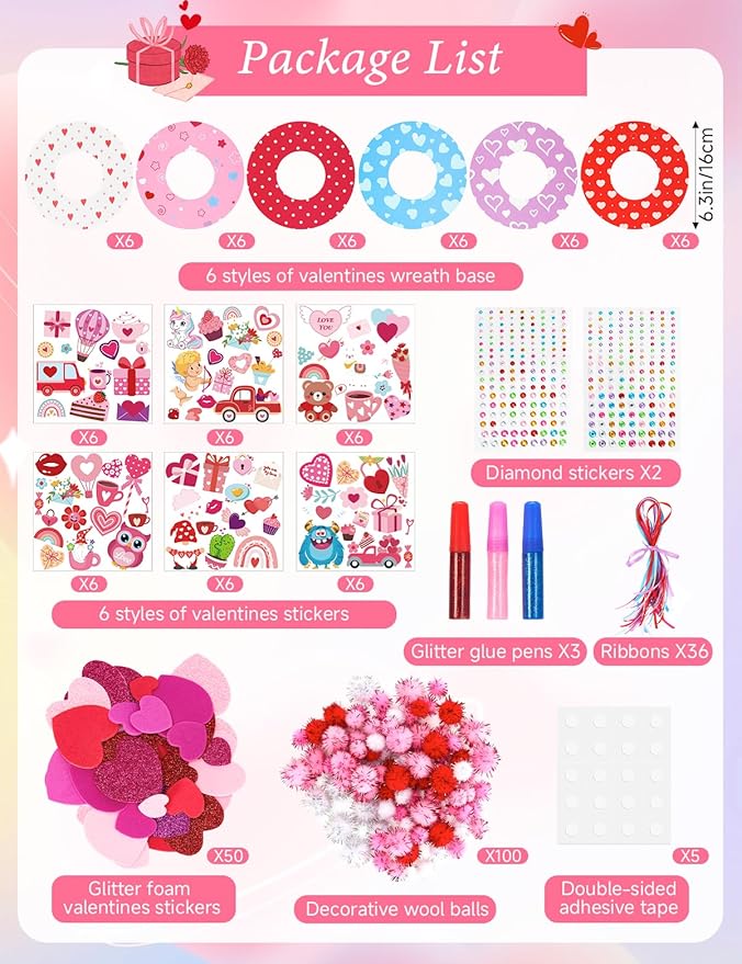 36 Sets Mother's Day Crafts - DIY Wreath Craft Kits with Foam Heart- Craft Ornaments, Party Decorations, Perfect for Craft Activities