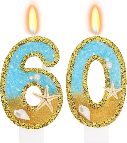 Ocean Number 60 Candle, Glitter Gold Beach Starfish Cake Topper, Tropical Ocean Princess Birthday Decorations for Party Supplies Wedding Anniversaries