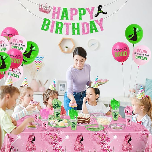 Pink and Green Birthday Party Decorations 207pcs Disposable Paper Plates & Napkins Set for 24 Guests - Includes Happy Birthday Banner & Cartoon Tablecloth