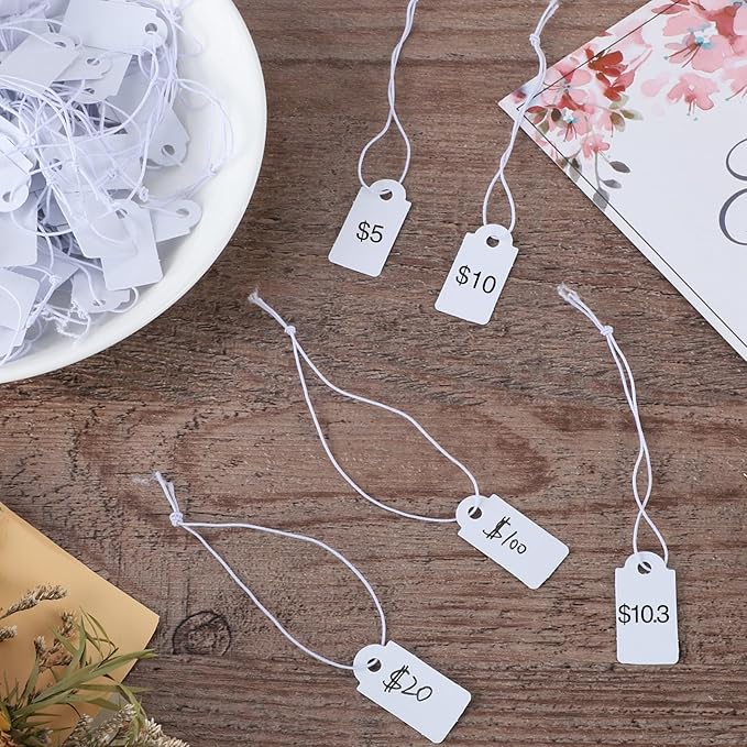 200 Pcs Small Price Tags, Paper Tags with Elastic String, Writable Blank Kraft Gift Tags for Clothes Jewelry Gifts (1.02×0.47inch, White)