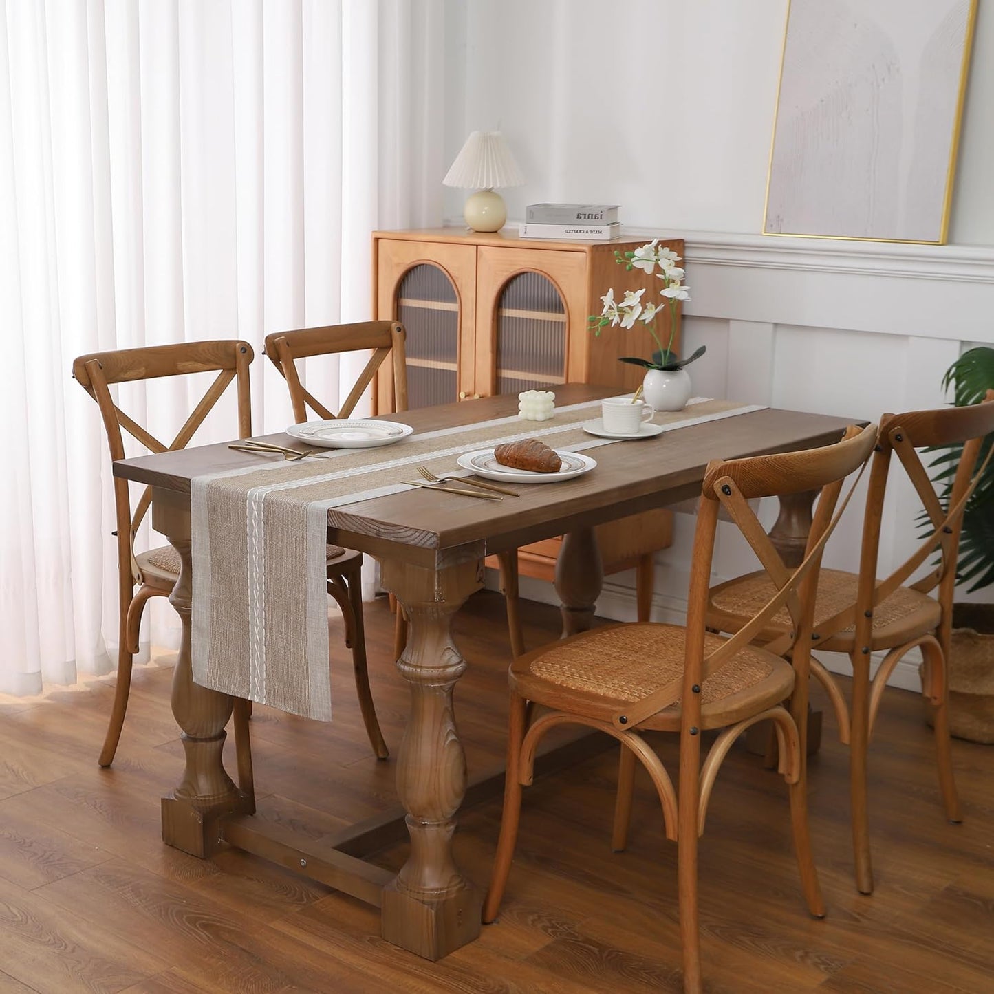 Gernaice Boho Table Runner, Rustic Cotton Linen Farmhouse Table Runners for Holiday Wedding Dining Living Room Bedroom Home Decor, 90" L X 13" W Brown