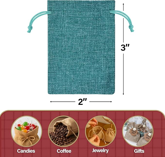 Mandala Crafts 2x3 Inch Teal Burlap Drawstring Gift Bags for Favors - 50 Mini Linen Sacks Gift Pouches for Candy, Jewelry, Wedding, and Party Supplies