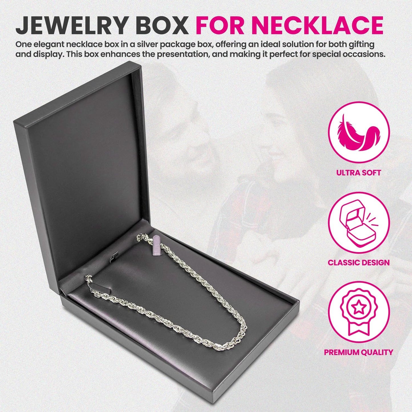 Novel Box Silver Jewelry Box for Necklace 5.5x8x1.87 Inches - Necklaces Gift Box for Proposal Wedding Engagement - Faux Leatherette Jewelry Display Box - Gift Presentation Boxes for Necklaces