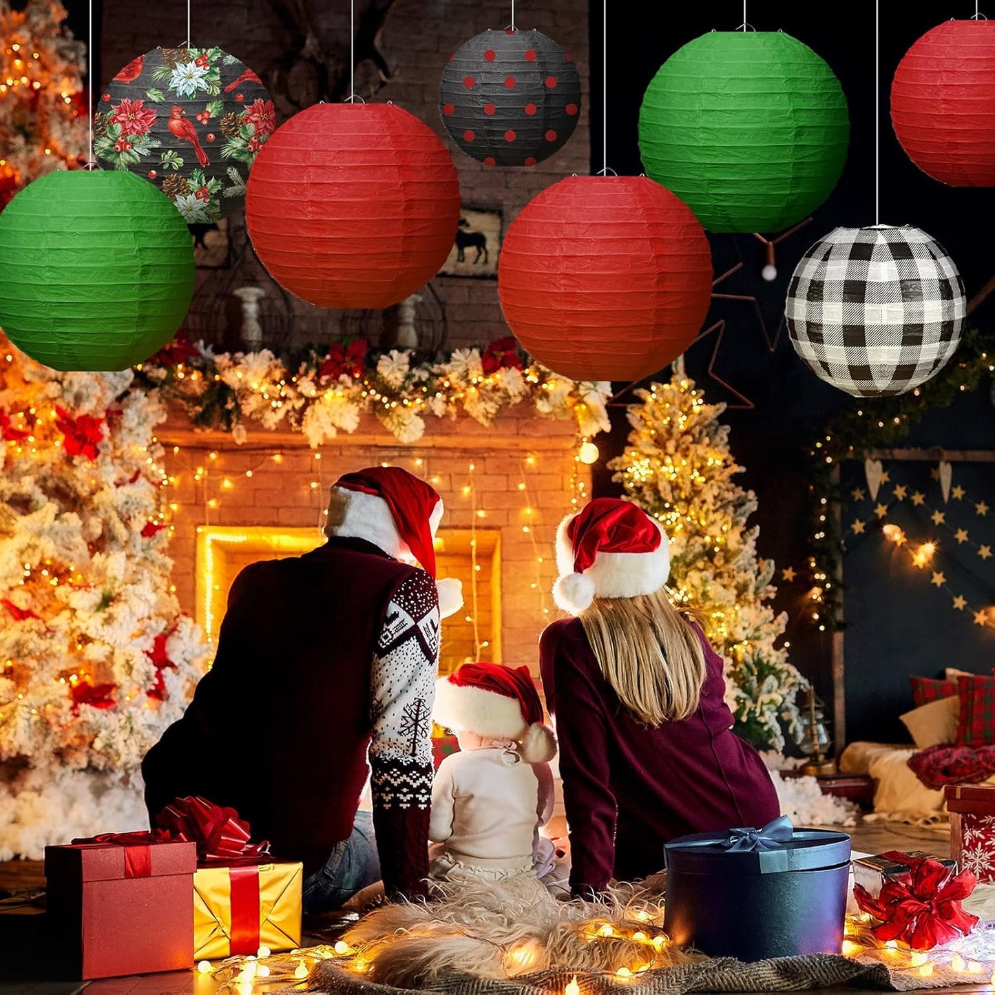 Bencailor 12 Pcs Christmas Hanging Paper Lanterns Set Decorative Party Round Hanging Lamps for Xmas Home Decoration Supplies Props Holiday Decor(12, 10, 8 Inch,Plaid)
