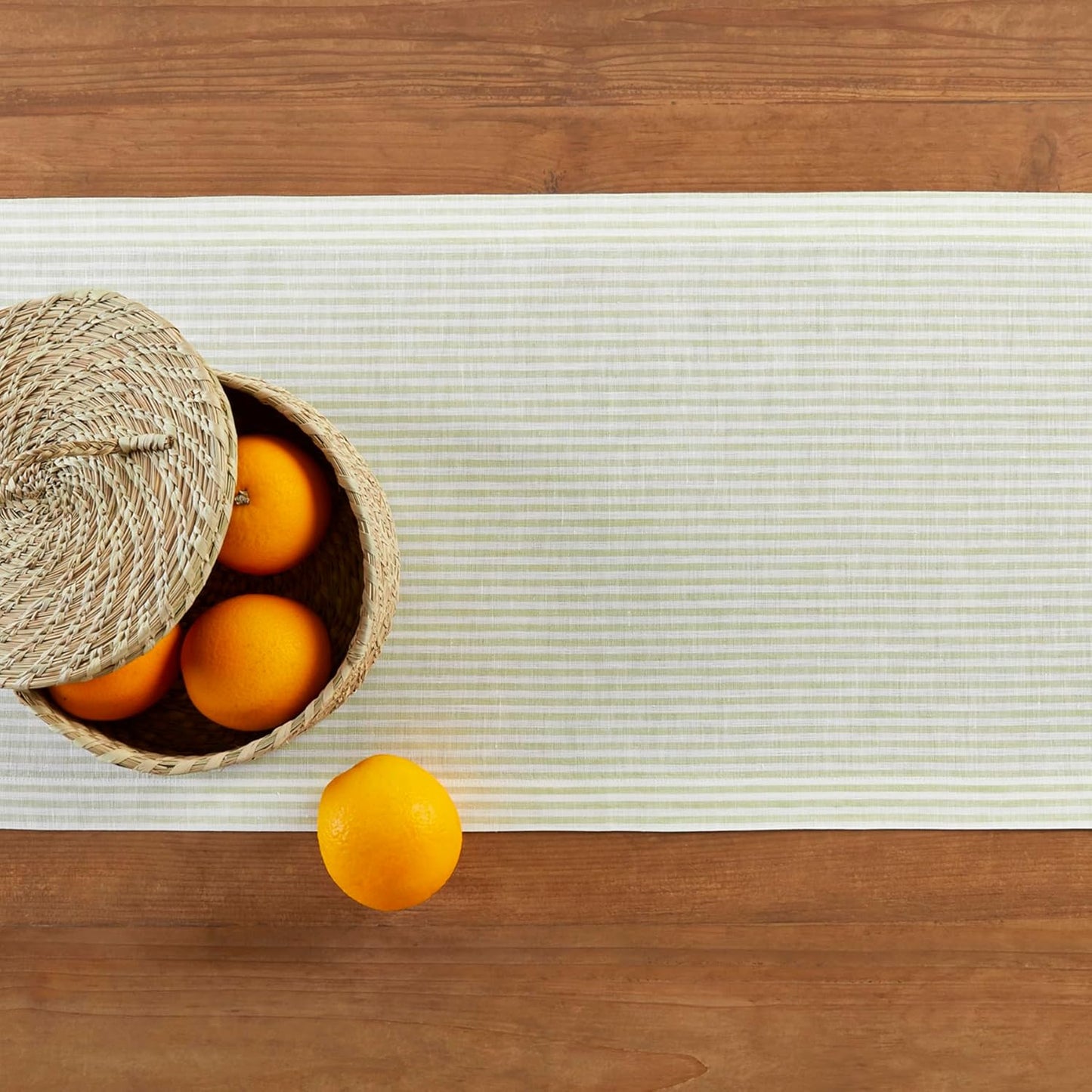 Solino Home Linen Striped Table Runner 156 Inches Long - Narrow Stripe 100% Pure Linen Sage and White Dining Table Runner 14 x 156 Inch for Thanksgiving