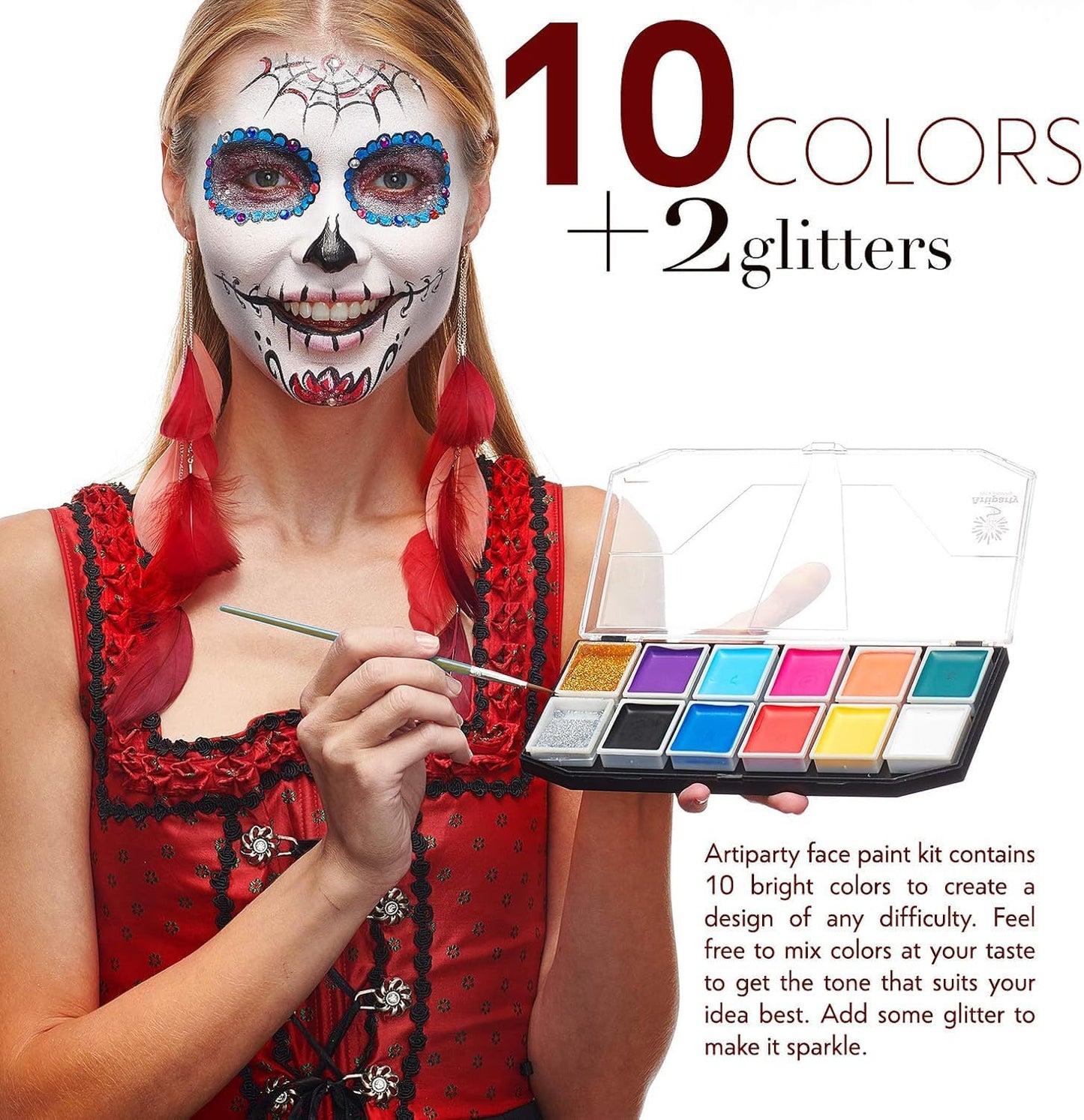 Face Paint Kit - Dermatologically Tested, Non-Toxic & Hypoallergenic - Professional Painting for Kids & Adults - Cosplay Makeup - Easy to Apply & Remove - Leakproof Dry Glitters