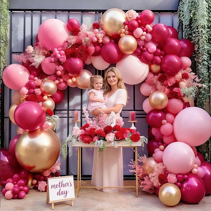 Hot Pink Balloon Arch Kit Double Stuffed, Dark Light Pink Magenta Blush Gold Balloon Garland for Birthday Baby Shower Wedding Mother's Day Cheetah Bridal Shower Party Decoration