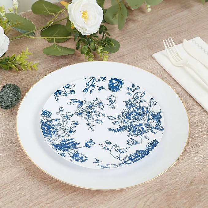 Efavormart 10-Pack French Toile Plastic Dessert Plates – Blue & White Floral, 7" Round Disposable Salad Plates