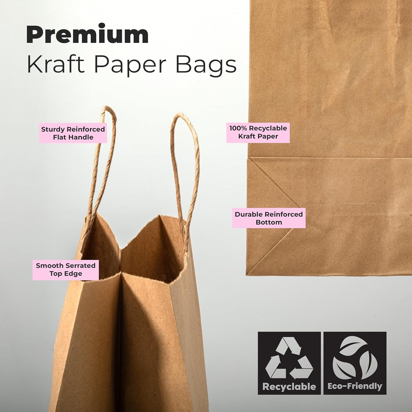 FMP Brands 100 Pack 10x5x13 Inches Kraft Paper Gift Bags with Handles Bulk, Durable Brown Paper Bags for Party Favors, Craft Gift Bag for Birthday Packaging, Small Business and Shopping Lunch