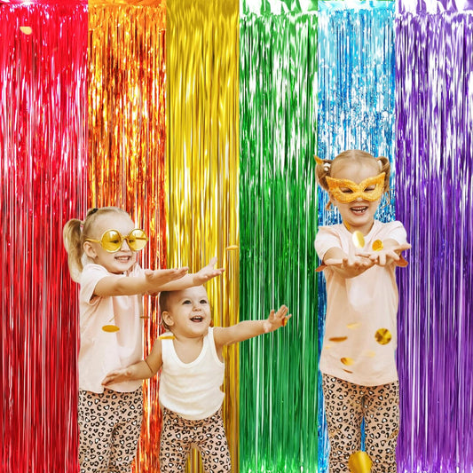 GOER 6.5 ft x 8.2 ft Metallic Tinsel Foil Fringe Curtains,Pack of 2 Party Streamer Backdrop for Birthday,Graduation Decorations and New Year Eve (Rainbow Colors)