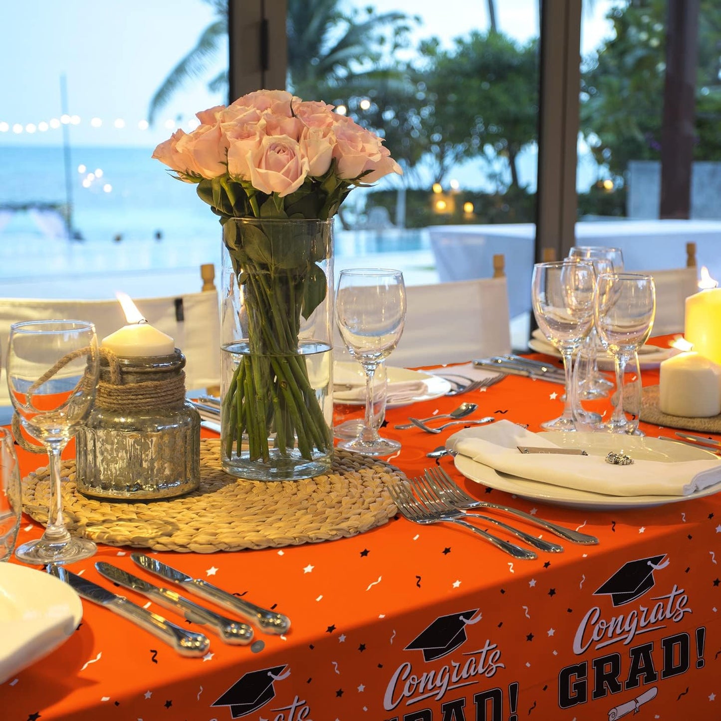 Graduation Party Decorations, Gongrats Grad Tablecover for Graduation Party Supplies, 3 pcs Orange Table Cloths, 54"x108"