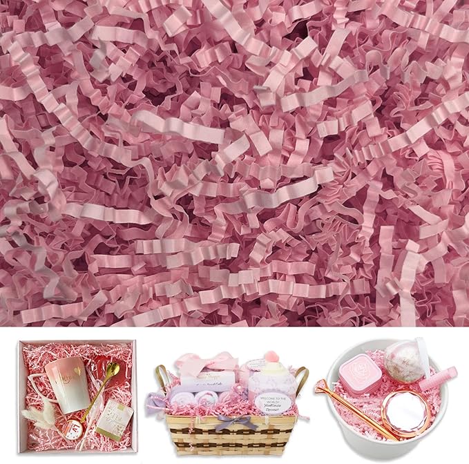 Pink Crinkle Cut Paper Shred Filler, 2 LB Basket Filler Shredded Paper, Confetti Stuffing for Basket Filling, Halloween, Valentine's Day, Christmas, Birthdays, Gift Wrapping, Stuffer Party Supplies