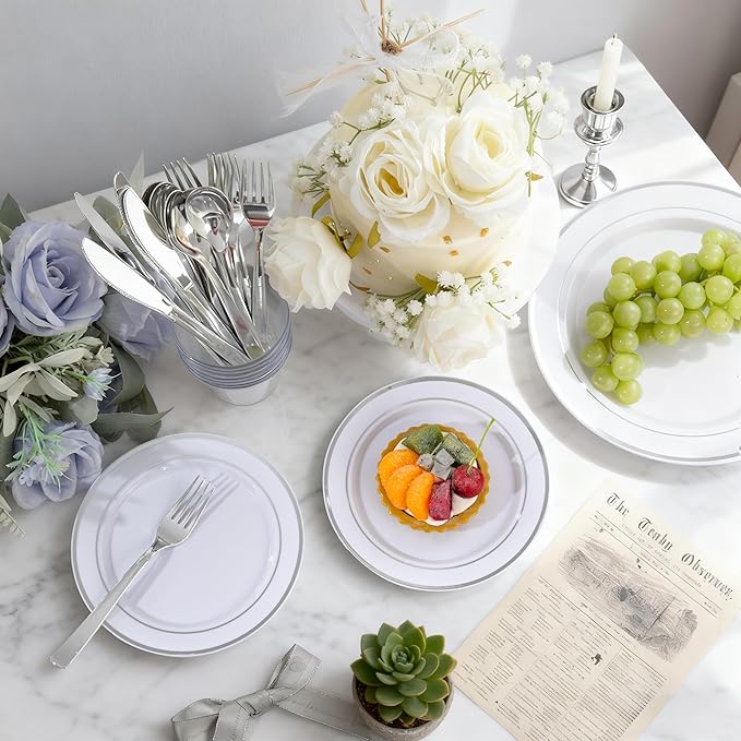 100PCS White Plastic Plates, 10 Inch Disposable Dinner Plate Party with Silver Rim, Heavy Duty Disposable Plastic Plates for Party, Wedding and Birthday