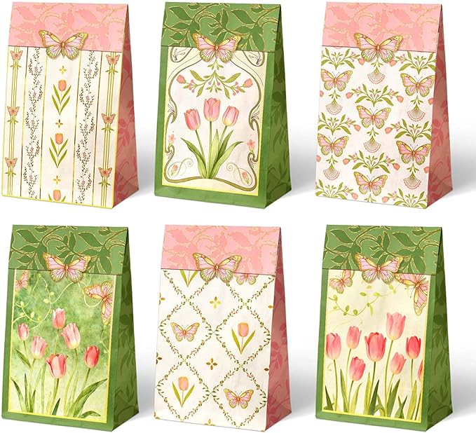 NICROHOME EUR Floral Gift Bags with Butterfly Stickers, 24 Pack Small Kraft Paper Bags Green Pink Tulip Design, Party Favors Bags Bulk for Girls Women Birthday Baby Shower Mother's Day Gift Packing