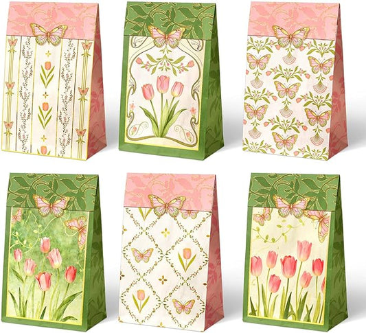 NICROHOME EUR Floral Gift Bags with Butterfly Stickers, 24 Pack Small Kraft Paper Bags Green Pink Tulip Design, Party Favors Bags Bulk for Girls Women Birthday Baby Shower Mother's Day Gift Packing