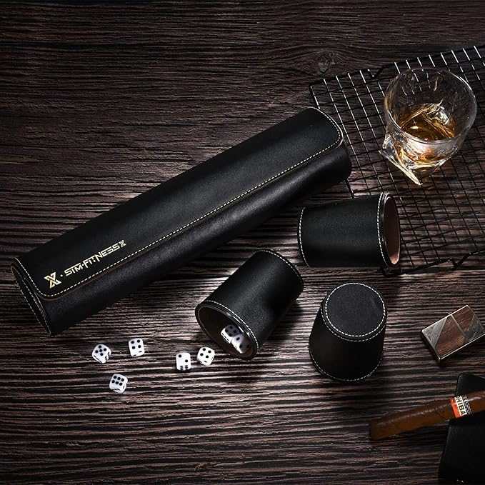 Leather Dice Cup Set, 5 Black Dice Cups + 25 Dices + Exclusive Storage and Transport Case Made of Faux Leather (Black x2)