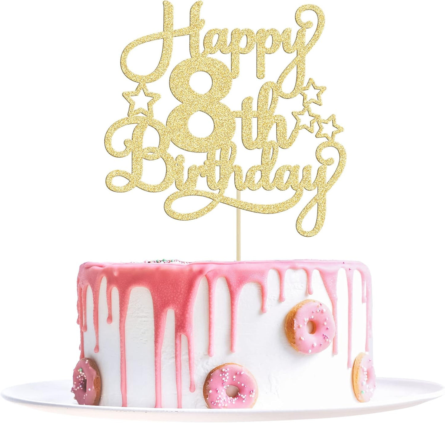 Happy 8th Birthday Cake Topper - Gold Glitter Cheers to 8 Years Old Cake Pick for Celebrating Anniversary Party Cake Decorations Supplies (1 Pack)