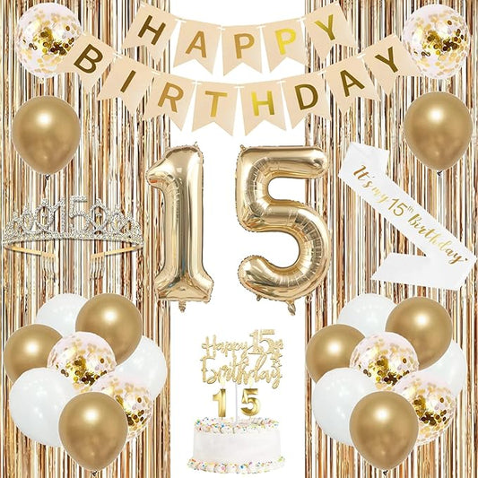 Trgowaul 15th Birthday Decorations for Girls, Banner, Sash and Crown, Cake Topper, 15 Number Balloon, Fringe Curtains, Champagne Gold 15th Birthday Party Supplies