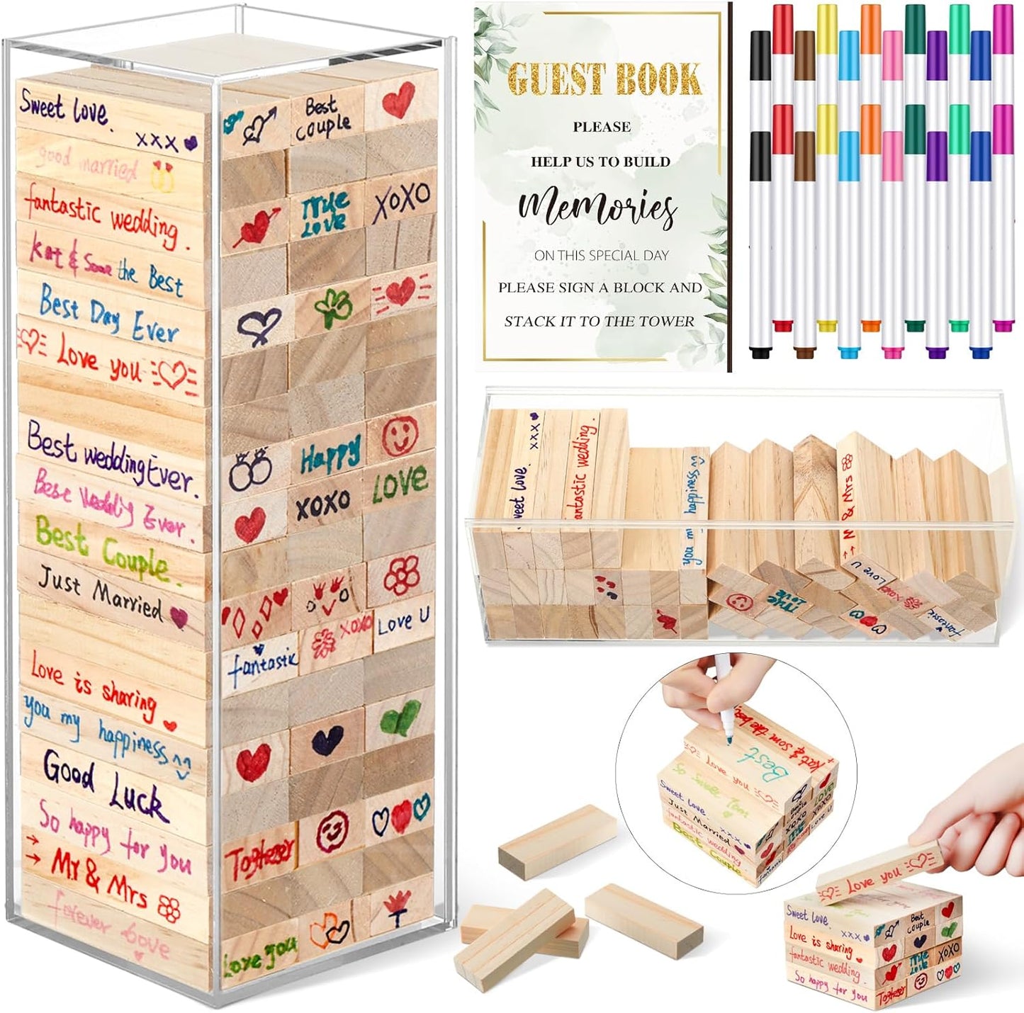 80 Pcs Wedding Guest Book Alternative Wooden Block Guest Book for Wedding Sign in Bridal Shower Decoration Wooden Block Bridal Shower Game for Sign in, Reception(Greenery)