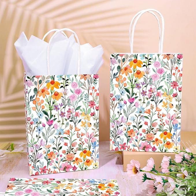 JarThenaAMCS 24Pcs Wildflower Paper Gift Bags Watercolor Floral Colorful Flower Party Favor Bags with Handle and 30 Sheets Tissue Paper for Wedding Birthday Baby Shower Wrapping