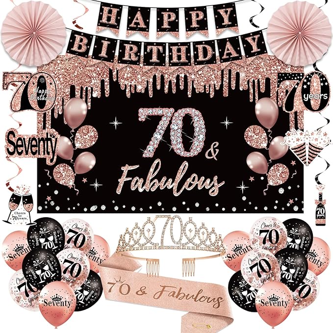 70th Birthday Decorations for Women: 33pcs Kit with Crown, Sash, Banner, Backdrop, Balloons, Swirls & Fans in Rose Gold & Black