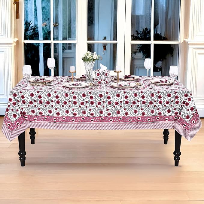 Ridhi Hand Block Print Sangria Red Rectangle Cotton Tablecloth 90" x 60" Reusable Table Cover Decorative Everyday Use for Dining, Farmhouse, Home Gift for Spring, Easter, Valentine