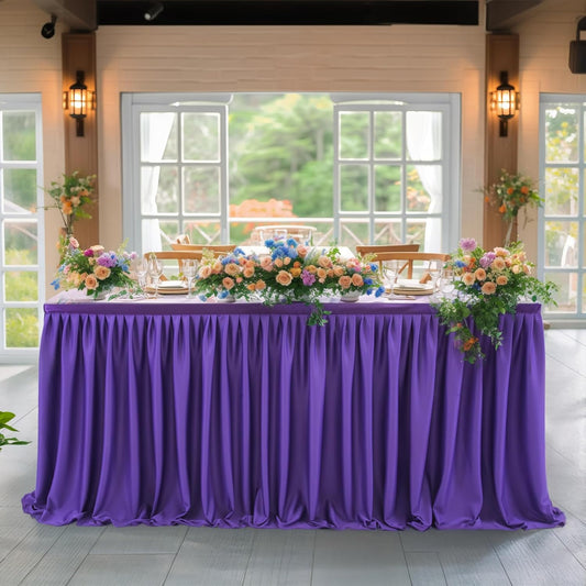 9ft Purple Table Skirt for Rectangle Tables Polyester Table Skirt Desk Skirts Ruffle Table Skirt Cloth for Birthday Party Banquet Purple Theme Party Wedding Bridal Shower Table Skirts