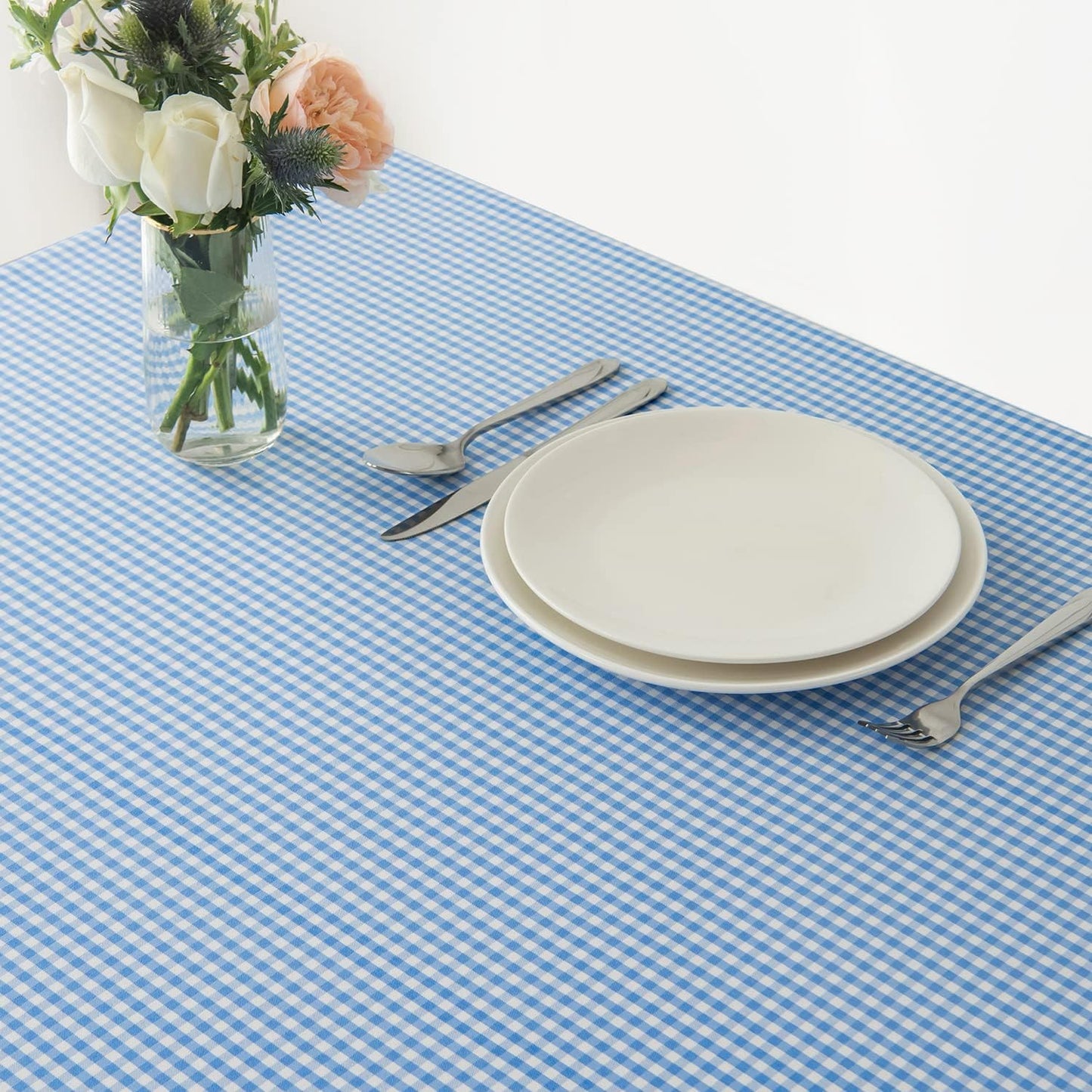 maxmill Checkered Square Tablecloth Waterproof Spillproof Wrinkle Resistant Heavy Weight Soft Gingham Dining Room, Kitchen Table Cloth for Picnic Dinner and Party, 60 x 60 Inch Light Blue White