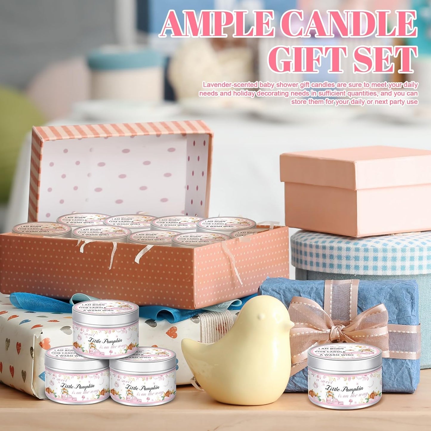 MTLEE 24 Pcs Thanksgiving Little Pumpkin Baby Shower Party Favors Candles Lavender Scented Baby Shower Favors for Guests Rustic Tealights Candles Gender Reveal Return Gifts Girl Boy(Pink, 1.2 Oz)