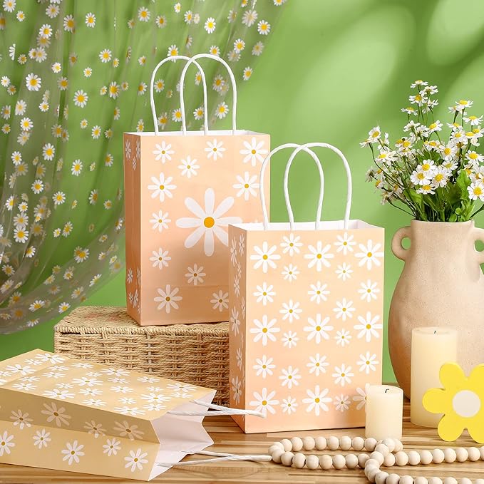 Outus 24 Pcs Daisy Party Favor Bags Boho Groovy Flower Gift Goodie Paper Bags with Handles Retro Hippie Flower Candy Treat Pouch for Daisy Birthday Party Decorations Supplies
