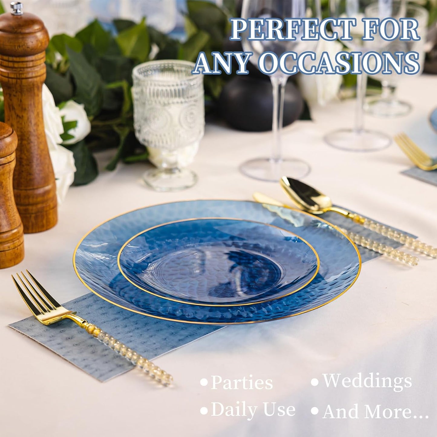 Lullaby 60Pcs Blue Gold Plastic Plates, Blue Disposable Plates With Gold Rim, Hammered Plastic Plates Include 30 Dessert Plate 10'', 30 Dinner Plate 7.5'' for Party, Birthdays and Wedding ﻿