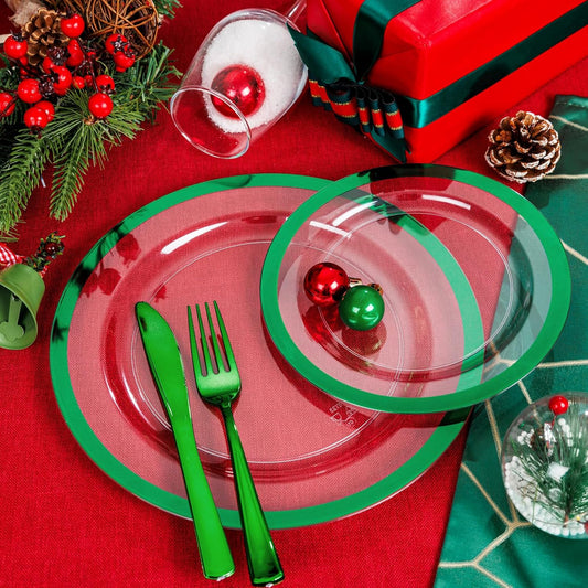 U-QE 120PCS Christmas Plates Disposable - Green Plastic Plates Disposable Heavy Duty- Holiday Plate Include 60 10” Dinner and 60 7” Dessert Platos, Perfect for Christmas, Party, Wedding
