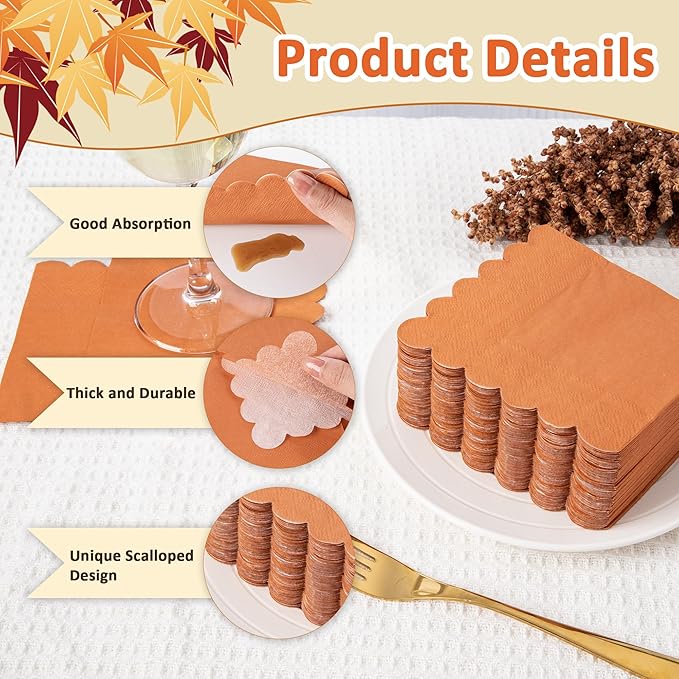 100 Pcs Terracotta Napkins Scalloped Edged Dessert Cocktail Napkins Folded 5 x 5 Inches Disposable Napkins for Dinner Wedding Birthday Party