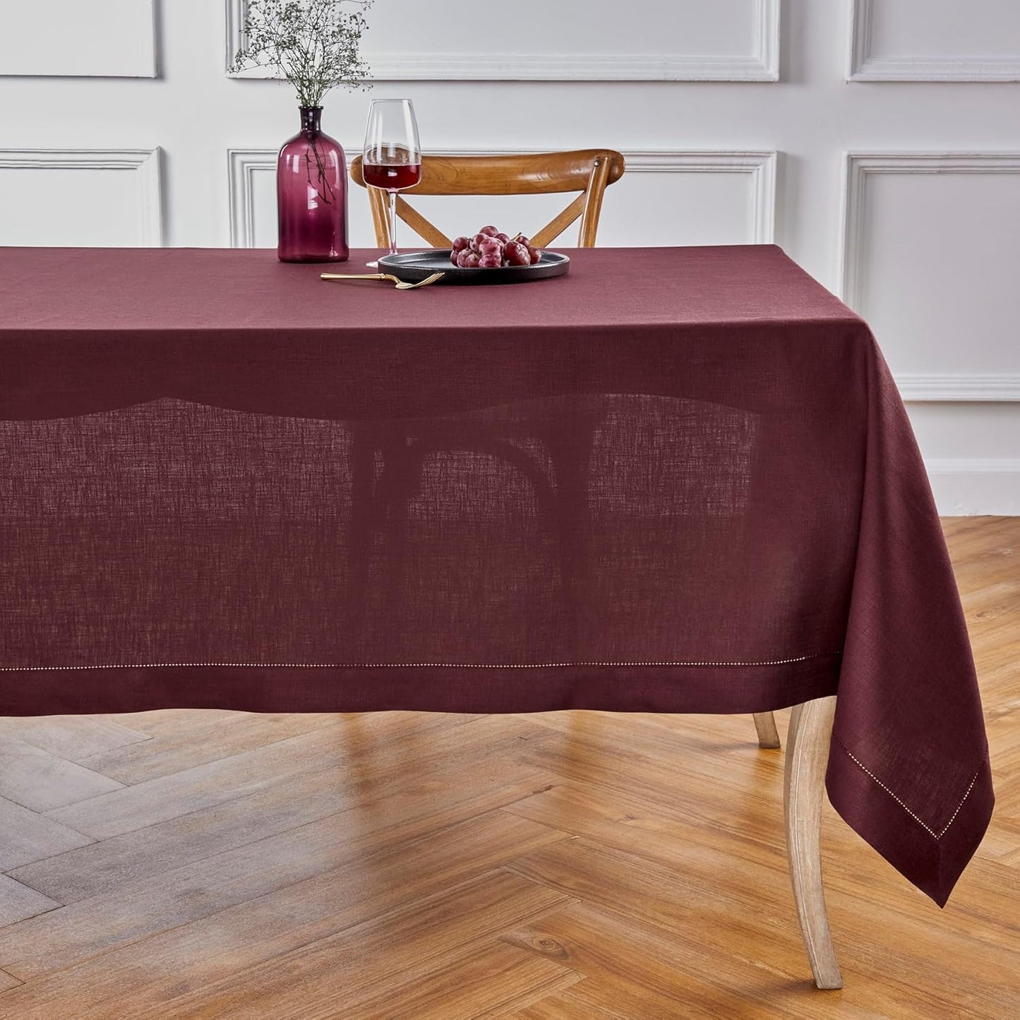 Solino Home Linen Burgundy Tablecloth 60 x 156 Inch - Classic Hemstitch, 100% Pure Linen Rectangular Tablecloth - Machine Washable Table Cloth for Christmas, Fall, Autumn, Thanksgiving