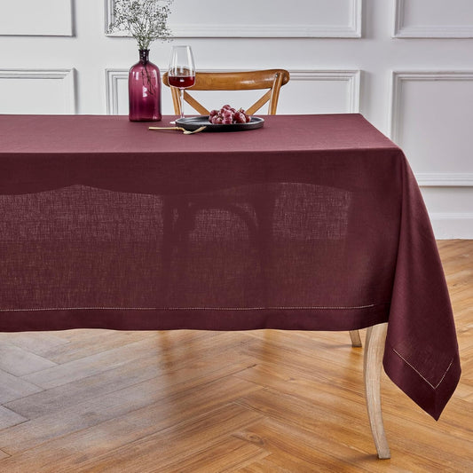 Solino Home Linen Burgundy Tablecloth 60 x 156 Inch - Classic Hemstitch, 100% Pure Linen Rectangular Tablecloth - Machine Washable Table Cloth for Christmas, Fall, Autumn, Thanksgiving