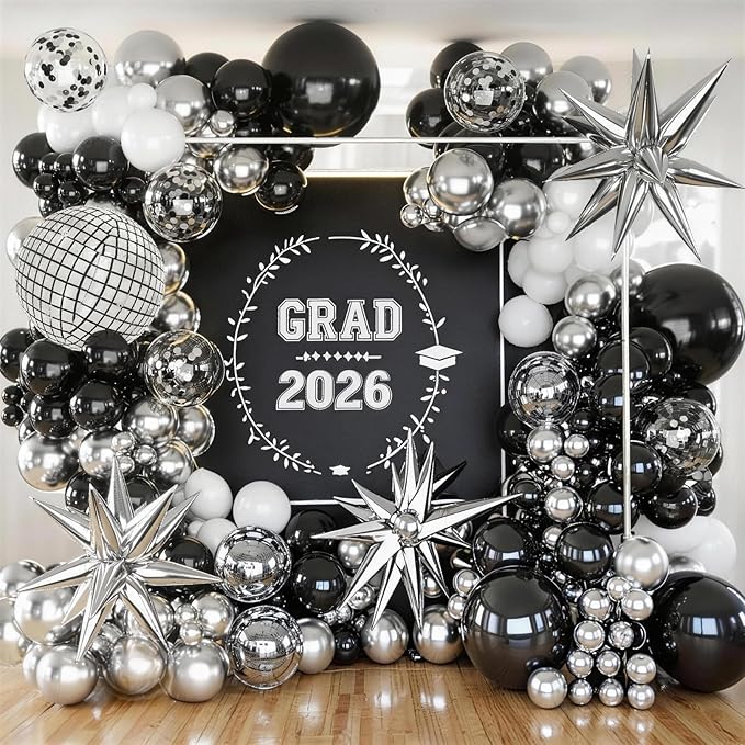KARLURE Black Silver Balloons Arch Kit, Black Silver White Balloons Disco Ball Balloons Arch for Disco Party Decorations Birthday 2026 Graduation Decorations Anniversary Decorations