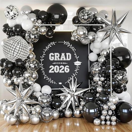 KARLURE Black Silver Balloons Arch Kit, Black Silver White Balloons Disco Ball Balloons Arch for Disco Party Decorations Birthday 2026 Graduation Decorations Anniversary Decorations