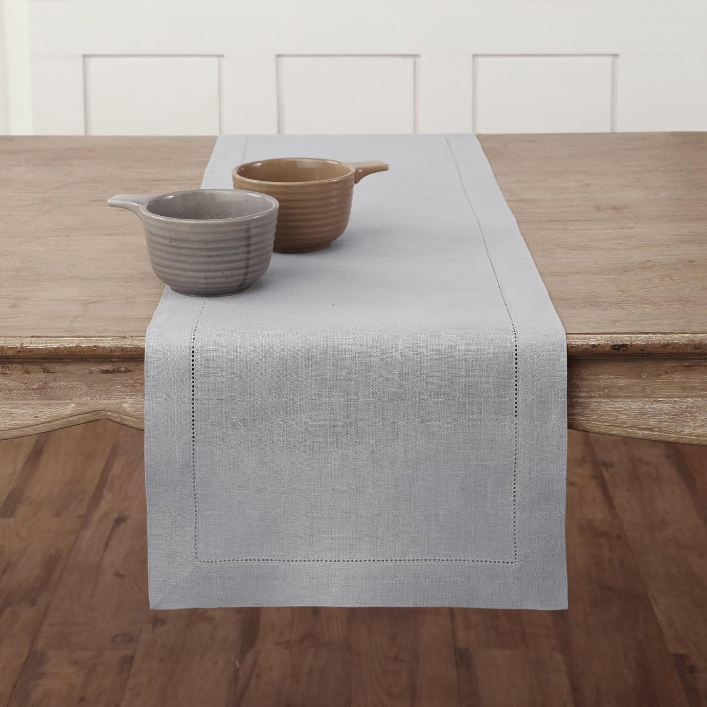Solino Home Linen Soft Grey Table Runner 72 Inches Long - 100% Pure Linen Hemstitch Table Runner 14 x 72 Inch for Dresser, Dining, Fall, Autumn, Halloween, Thanksgiving, Christmas - Classic Hemstitch