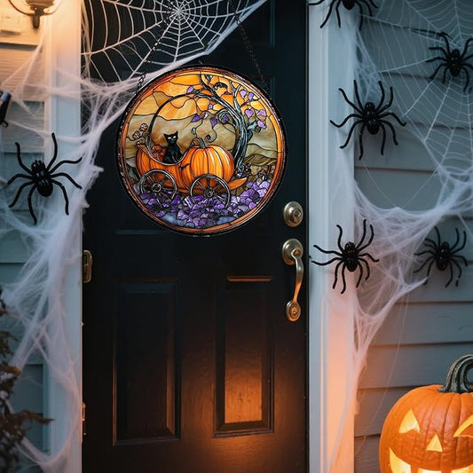 Stained Glass Window Hanging - Halloween Pumpkin Carriage Black Cat Suncatcher for Doors Window Garden Spooky Sun Catchers Gothic Decor Horror Gifts for Women Men Friend Boy Girl 15 in