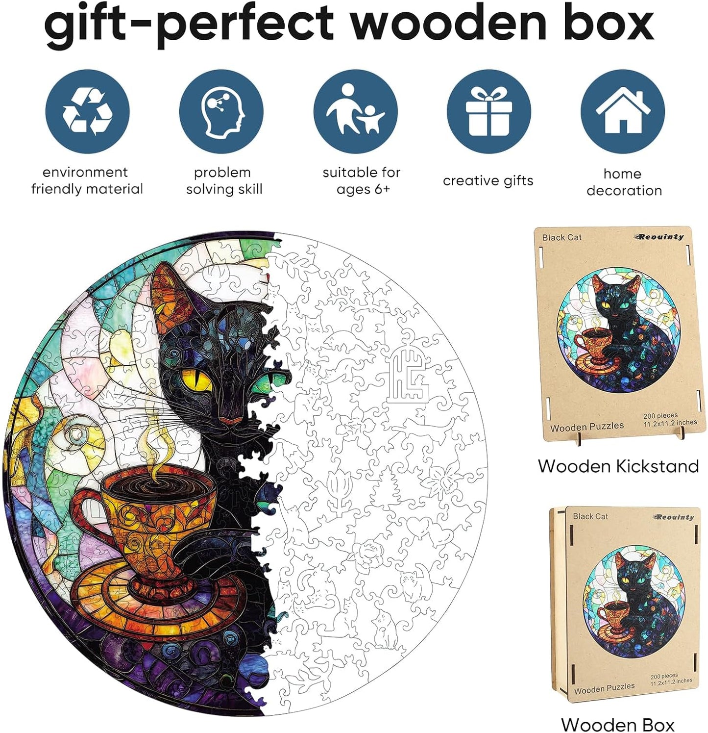 Reouinty Wooden Puzzles for Adults 500 Pieces, Halloween Black Cat Jigsaw Puzzles, Unique Animal Shape Wood Cut Puzzles Best Gift for Adults Family Game 16.5 x 16.5 in