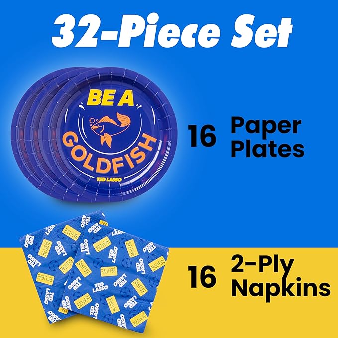 Silver Buffalo Ted Lasso Be a Goldfish Believe 32 Pack Partyware Disposable Paper Plates and Napkins