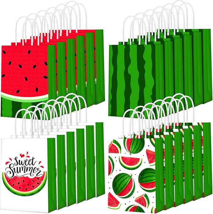 Outus 24 Pieces Watermelon Party Bags Watermelon Paper Goodie Bags Party Favor Bags Watermelon Treat Candy Bags Summer Fruit Birthday Party Supplies for Summer Pool Party Decorations