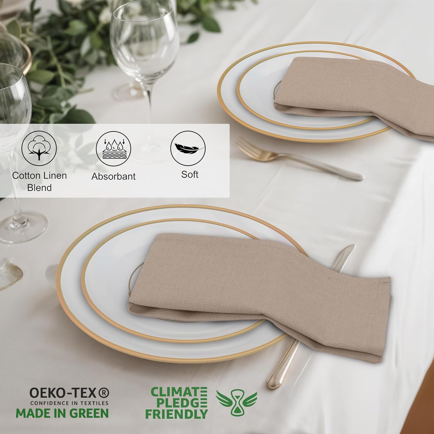Ruvanti Linen Napkins Set of 12, 18x18 Cloth Napkins, Cotton Linen Blend Napkins Cloth Washable, Soft, Reusable Dinner Napkins for Wedding, Parties, Christmas, Thanksgiving, Everyday Use- Light Taupe
