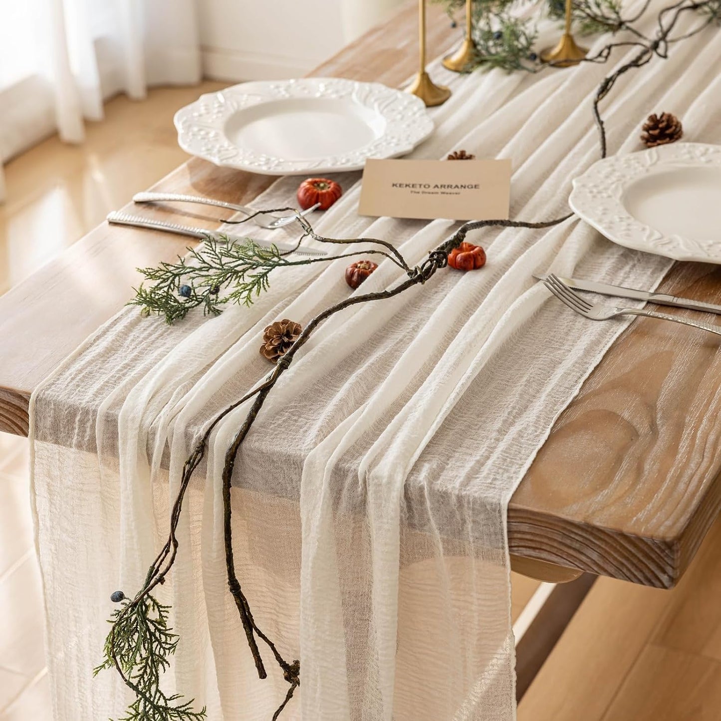 3pcs Ivory Gauze Rustic Cheesecloth Table Runner 120 Inch 10 FT for Wedding Baby Shower Bridal Shower Birthday Engagement Garden Outdoor Party Long Sheer Boho Decorations
