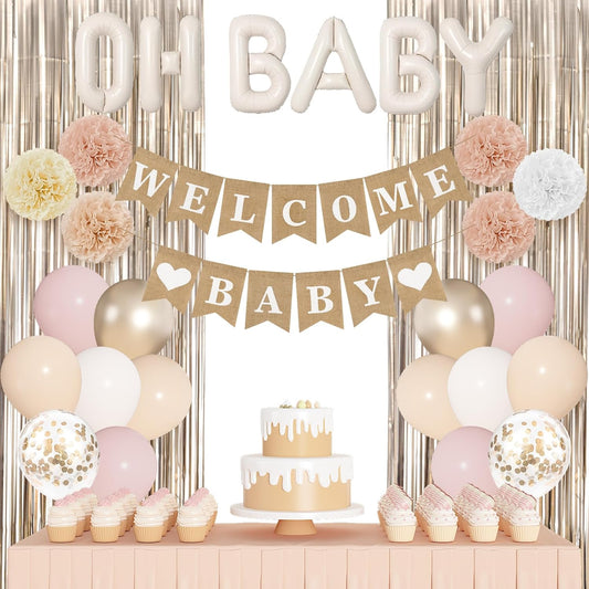 Ouddy Party Champagne Gold Boho Baby Shower Decorations for Girl with Welcome Baby Banner Dusty Pink White Nude Foil Balloons Fringe Curtain Paper Pom Poms for Baby Shower Gender Reveal Party Supplies