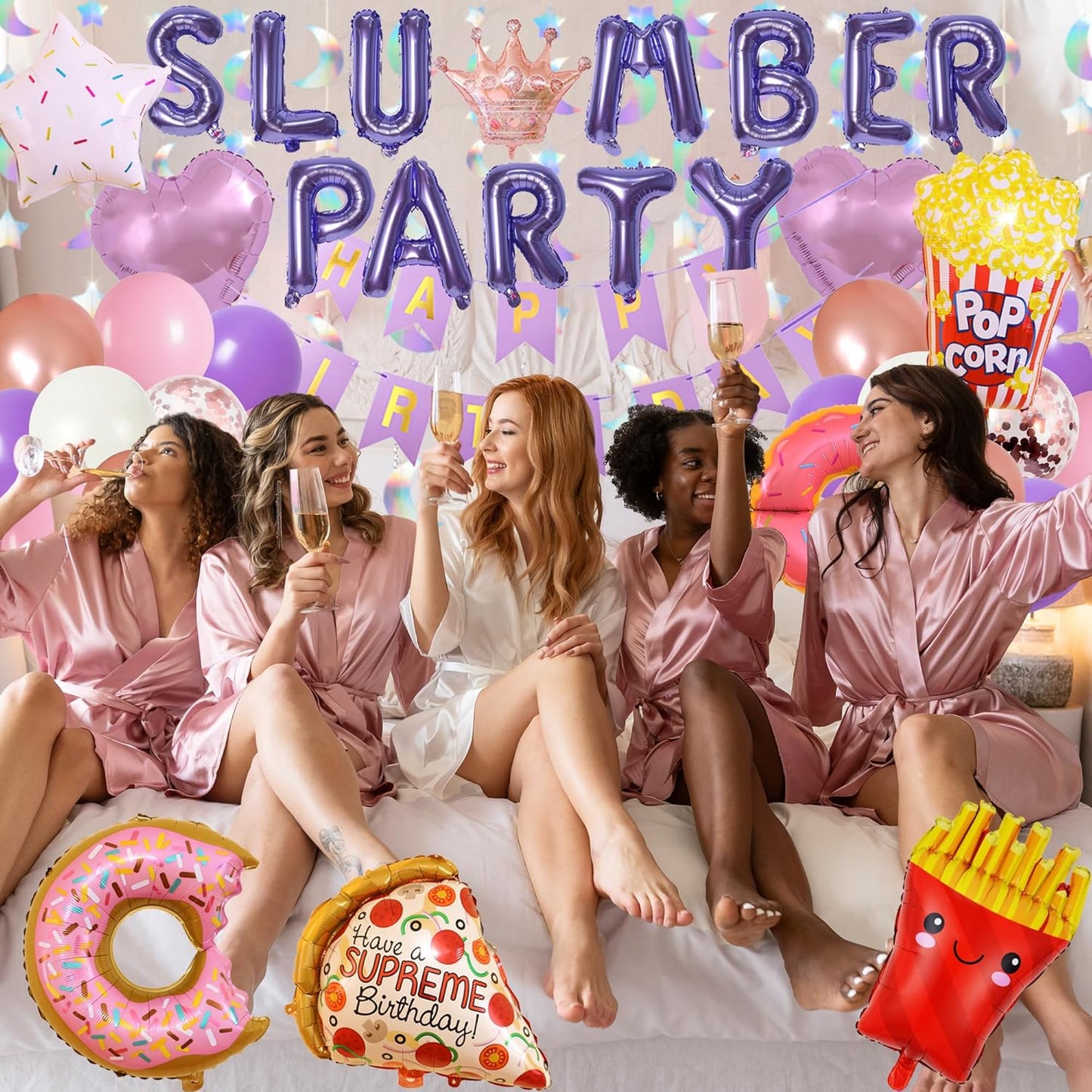 Slumber Birthday Party Supplies Girls - Purple Slumber Party Balloon Banner Large Popcorn Donut Pizza Crown Foil Balloons Set Girls Night Sleepover Pajama Theme Party Decorations