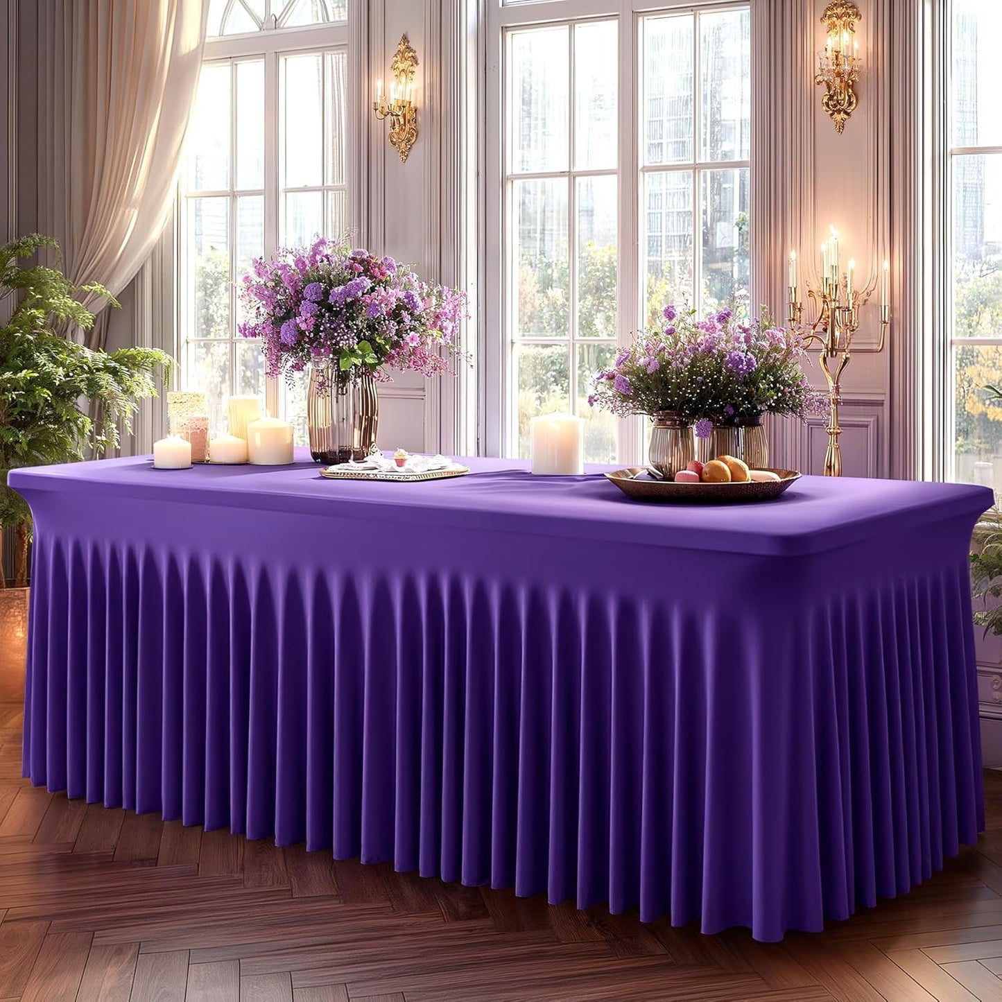 2 Packs Purple Spandex Tableclothes for 4 Foot Rectangle Table, Spandex Table Covers 4FT Stretch Table Skirts Rectangle Wrinkle Free Fitted Tablecover for Event, Wedding, Banquet & Parties