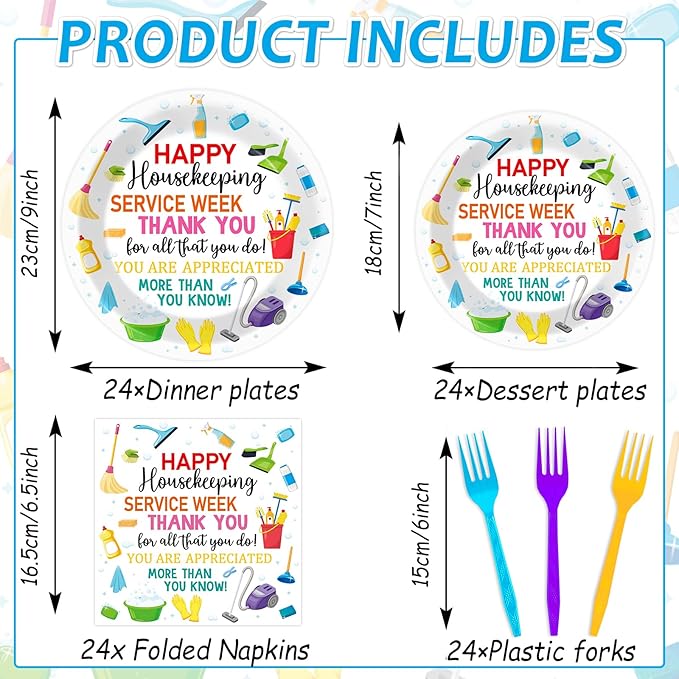 96Pcs Colorful Happy Housekeeping Week Paper Plates and Napkins We Appreciate You Disposable Tableware Thanks for All You Do Party Plate for 24 Guests Housekeepers Appreciation Party Supplies