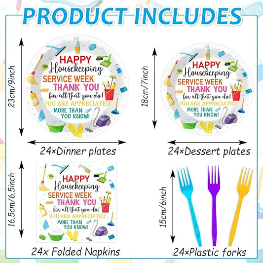 96Pcs Colorful Happy Housekeeping Week Paper Plates and Napkins We Appreciate You Disposable Tableware Thanks for All You Do Party Plate for 24 Guests Housekeepers Appreciation Party Supplies